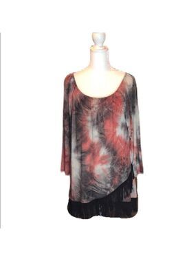 PAISLEY GRACE Brown Red/Orange Tie-Dye Tunic Top w/ Brown Faux Suede Fringe SZ L
